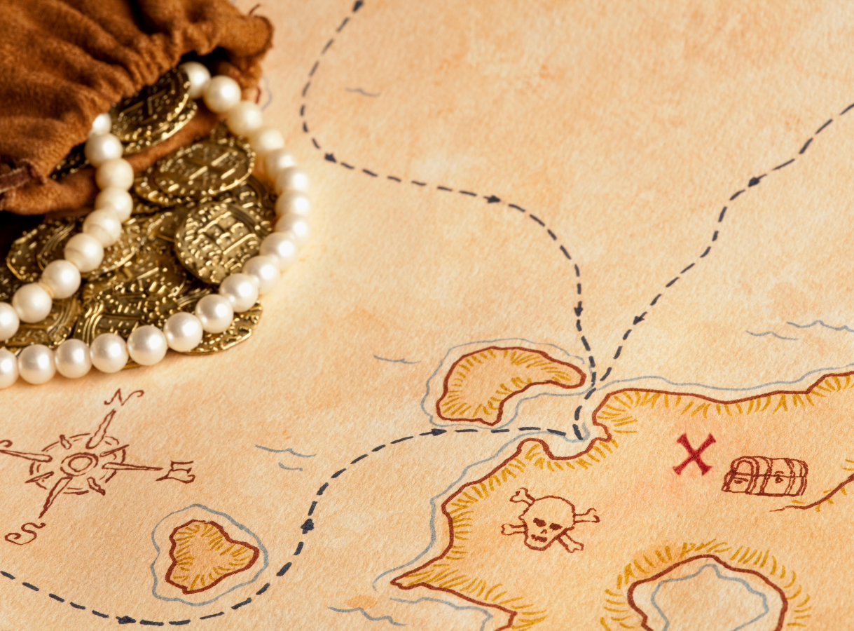 A close-up of an aged treasure map with a skull and crossbones, an "X" marking the spot, and a compass rose, accompanied by a overflowing bag of gold coins and a string of pearls.