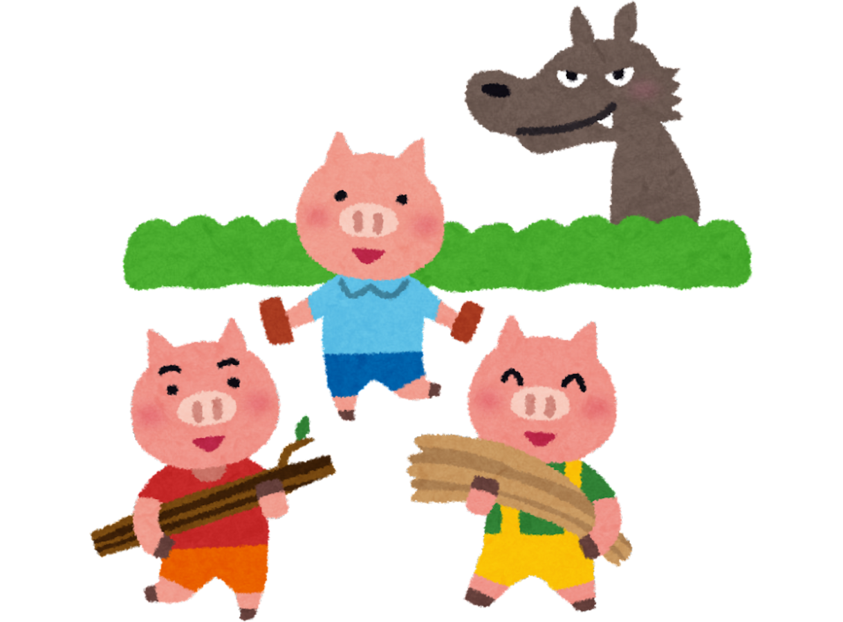 A cartoon illustration of the Three Little Pigs and the Big Bad Wolf on a black background. Three pink pigs are at the bottom: one in a red shirt carrying sticks, one in a blue shirt with open arms, and one in a green shirt and yellow overalls carrying straw. Above them, peeking over a strip of green grass, is the head of a grey wolf with a sly expression.