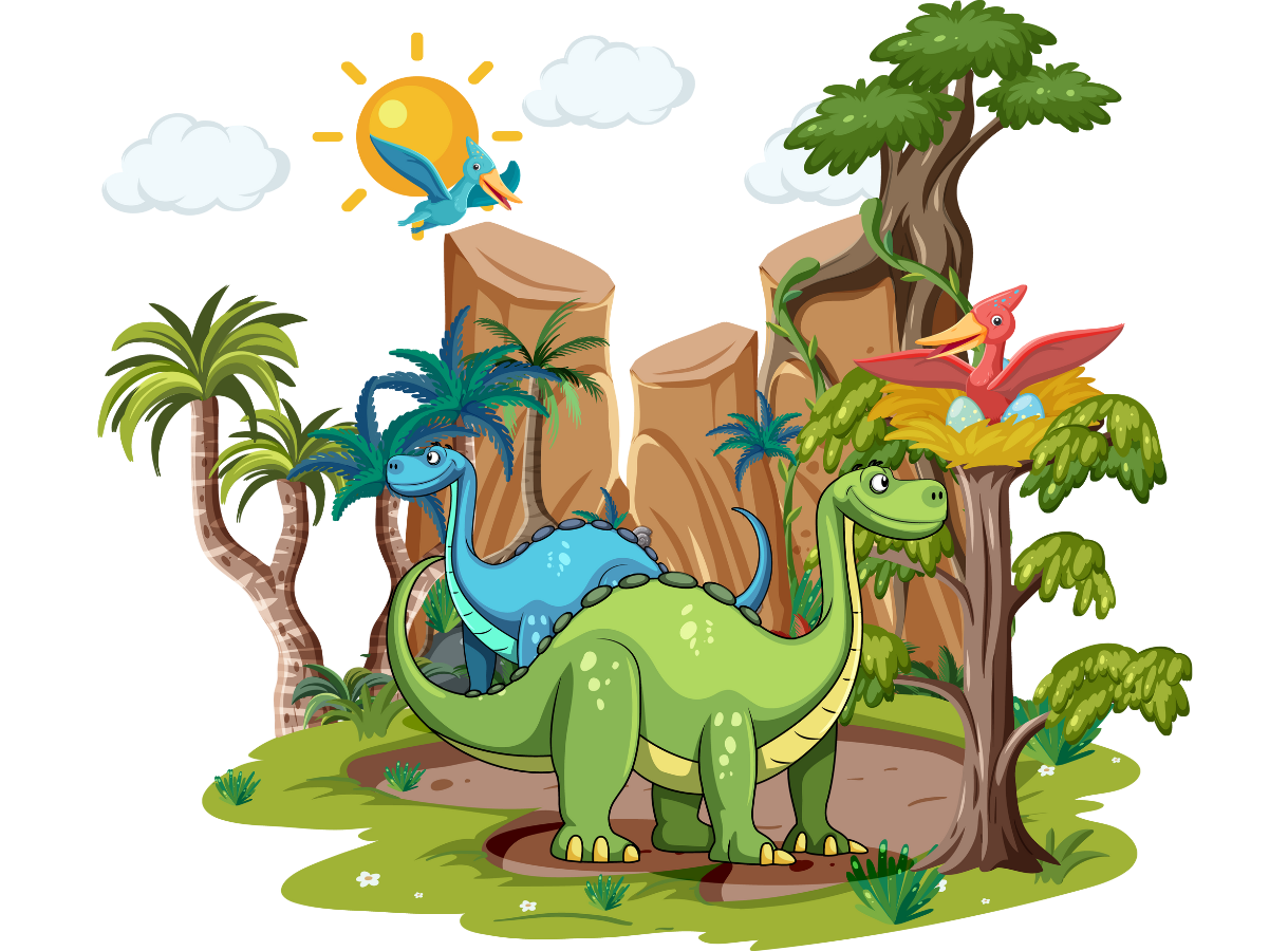 A colorful cartoon illustration depicting a dinosaur landscape. In the foreground, a large green long-necked dinosaur stands, with a smaller blue long-necked dinosaur behind it. On the left, there are palm trees, and on the right, a tall tree with a nest holding a red pterosaur and eggs. In the background, rocky cliffs are visible under a bright yellow sun and white clouds. A blue pterosaur flies in the sky on the left. The ground is green grass with a dirt path.